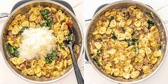 two pans filled with pasta and spinach covered in cheese