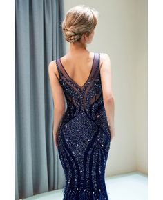 Navy Blue Slimming Long Beaded Evening Dress With Double V Neck #F011 - GemGrace.com Mermaid Formal Gowns, Navy Blue Prom, Crystal Prom Dress, Navy Blue Prom Dresses, Prom 2020, Prom Dresses 2019, Prom Dresses Sleeveless, Matching Outfit, Long Evening Gowns