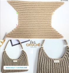 the crochet purse is being displayed in two different pictures, one with an open shoulder