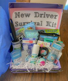 a new driver survival kit in a purple box