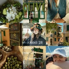 a collage of photos with olives and other things