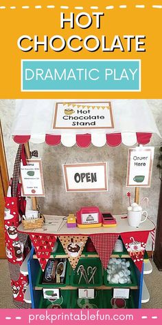 an ice cream stand with hot chocolate on top and the words hot chocolate dramatic play above it