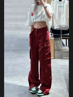 Tavimart Women Bottoms Red Vintage Baggy Cargo Pants Fashion Pocket High Waist Straight Pants High Street Wide Leg Trouser Ladies Summer High Waisted Baggy Pants, High Waisted Pants Women, Red Cargo Pants Outfit Street Styles, Izzycore Outfits, Dark Red Cargo Pants, Red Cargo Outfit, Small Top Baggy Pants, Maroon Cargo Pants Outfit, Casual Burgundy Pants With Pockets