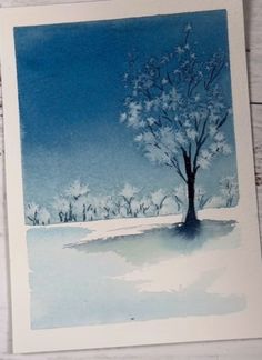 a watercolor painting of a tree in the snow