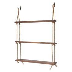 an old wooden shelf with rope hanging from the bottom and two hooks on each side