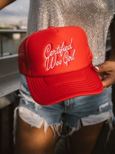 Certified Woo Girl - because being a girls girl is it. Lets cheer each other on! The cutest hat we need for all summer longggggg In collaboration with Caleigh Hardy Red foam trucker hat with Cowboy Hat embroidered! Caleigh Hardy, Aunt Clothes, Woo Girl, Trucker Hat Outfit, Red Trucker Hat, Girls Beach Trip, Girl Trucker, Nfl Hats, Neoprene Bag