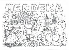 a black and white drawing of the word merdelka surrounded by many different things