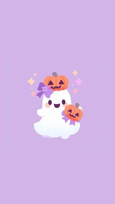 two halloween pumpkins sitting on top of a white ghost with purple hair and bows