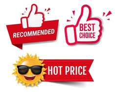 three stickers with the words recommended, best choice and hot price