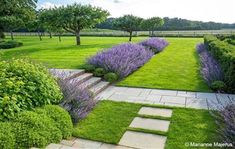 two different views of a garden with lavenders and trees in the background, one is empty