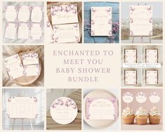 a collage of baby shower items with the words, enchanted to meet you baby shower bundle