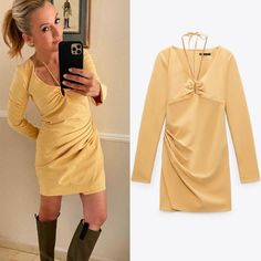 V-Neck Dress With Long Sleeves. Draped Fabric. Tonal Matching Tie With Jewel Appliqu. Back Hidden In-Seam Zip Closure. 92% Polyester 8% Elastane Yellow Ruched V-neck Midi Dress, Ruched V-neck Dress For Fall, Fall Ruched V-neck Dress, Fall V-neck Ruched Dresses, Fall V-neck Ruched Mini Dress, Zara V-neck Ruched Dress, Zara Stretch V-neck Midi Dress, Zara Stretch Midi Dress With V-neck, Zara Ruched V-neck Dress