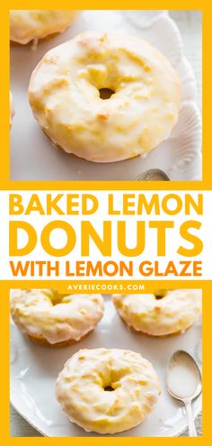 baked lemon doughnuts with lemon glaze on a white plate and yellow background