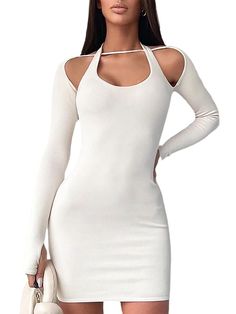 Material: 80-90% Polyester & Spandex. Features:Ribbed. stretchy. long sleeve. solid color. halter neck. cutout. scoop neck. bodycon. mini dress.Style: Clubwear Floral Dress Formal, Boho Swimwear, Lace Formal Dress, Clubwear Dresses, Lace Dress Long, Plus Size Swimsuits, Long Sleeve Lace Dress, Ruffled Maxi Dress, Long Sleeve Bodycon