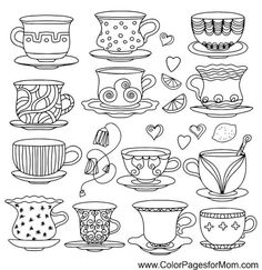 coffee cups and saucers with hearts on them coloring pages for kids, printable