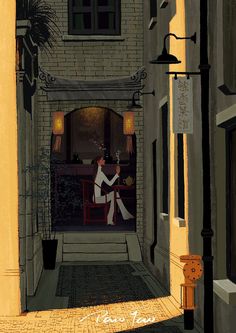 an illustration of a woman sitting at a table in the middle of a narrow alleyway