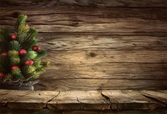 a small christmas tree in a vase on a wooden table next to a wood plank wall