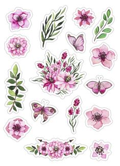 pink flowers and butterflies stickers on a white background, with green leaves in the middle