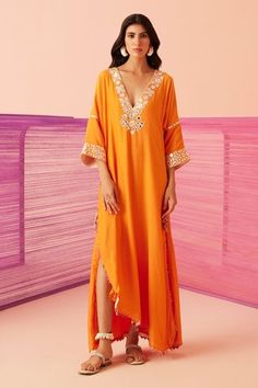 Shop for Sureena Chowdhri Orange Muslin Oblivion Embroidered Yoke Kaftan for Women Online at Aza Fashions Muslin Kaftan, Latest Kaftan Styles, Kaftan Dress Modern, Draped Lehenga, Sureena Chowdhri, Drape Lehenga, Indo Western Outfits For Women, Lehenga With Blouse, Kaftan Pattern