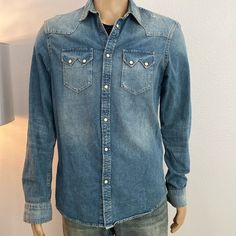 All Saints Button Up Denim Shirt In Size M -Cotton -Cowboy Style Buttons -In Great Condition Denim Blue Button-up Top For Rodeo, Medium Wash Denim Shirt With Button Closure, Spring Ranch Button-up Shirt, Medium Wash Slim Fit Button-up Shirt, Light Wash Denim Shirt With Button Closure, Medium Wash Tops With Button Closure For Rodeo, Slim Fit Denim Shirt With Button Closure, Medium Wash Top With Button Closure For Rodeo, Denim Blue Western Button-up Tops