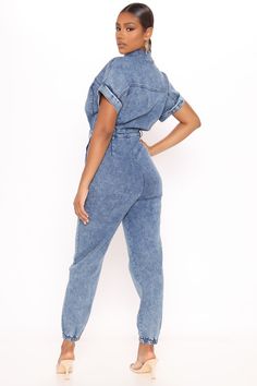 Available In Denim. Denim Jumpsuit Short Sleeve Collard Button / Snap Front Functional Front Pockets Functional Front Zipper Belt Loops Jogger Pant Stretch 27" Inseam 85% Cotton 13% Polyester 2% Spandex Imported | Daniela Denim Jumpsuit size Small by Fashion Nova Casual High Rise Denim Blue Jumpsuits And Rompers, Casual High Rise Denim Jumpsuits And Rompers, Casual Denim Blue Jumpsuit With Button Closure, Trendy High Rise Washed Denim Jumpsuit, Casual High Waist Jumpsuits And Rompers With Button Closure, Fitted Casual Denim Jumpsuit With Button Closure, Casual Dark Wash Jumpsuits And Rompers With Button Closure, High Rise Casual Denim Jumpsuit With Button Closure, Casual Medium Wash Denim Jumpsuit With Button Closure