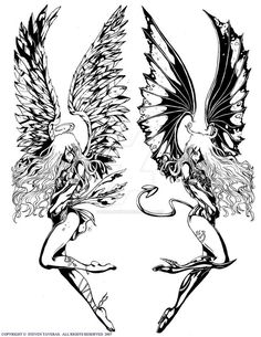 two black and white drawings of birds with wings on their back, one is holding a bird