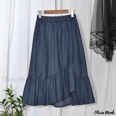 Olivia Mark - Asymmetrical Denim Midi Skirt with Ruffled Hem and Chic Flare Design A Line Denim Skirt, Cotton Casual Pants, Black Pleated Skirt, Skirts Midi High Waisted, How To Hem Pants, Sling Dress, Denim Midi Skirt, Body Con Skirt, Fabric Medium