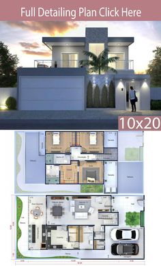 two story house plan with lots of room and living area in the front, side by side