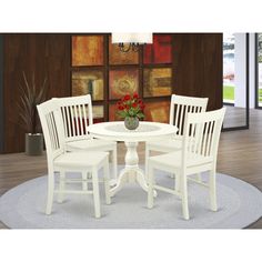 HBNF5-LWH-W East West Furniture HBNF5-LWH-W 5 Piece Dining Room Table Set - Linen White Dining Table and 4 Linen White Kitchen Chairs with Slatted Back - Linen White Finish, EAST WEST FURNITURE - HBNF5-LWH-W - 5-Pc KITCHEN DINING TABLE SET, Our 5-Piece dining set offers a round dining room table and 4 chairs for the dining room which can fully accommodate your family., The dining room table set features a sophisticated and eye catching appearance. This elegant design and Rustic, Linen white kitc White Kitchen Chairs, Pedestal Kitchen Table, White Round Dining Table, Kitchen Table Legs, Modern Dining Table Set, Round Dining Room Table, Round Dining Room, Pc Table, Solid Wood Dining Set