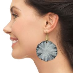 Woman wearing large, circular fur-textured earring. 10th Anniversary Gift Ideas, Anniversary Gift Ideas For Her, 10th Anniversary Gifts, 10th Wedding Anniversary, Nouveau Jewelry, Pewter Grey, Art Nouveau Jewelry