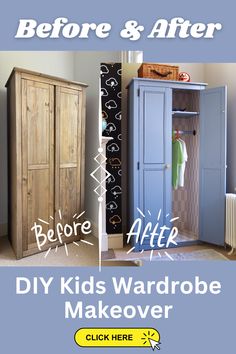 DIY budget-friendly kids wardrobe upcycle hack using bobbin detailingTransformative idea for a kidsbedroom using blue paintwallpaper and mouldings. Diy Kids Wardrobe, Closet Upcycle, Wardrobe Upcycle, Pine Wardrobe, Solid Wood Wardrobes, Beautiful Bedroom Decor, Closet Hacks, Modern Kids Bedroom