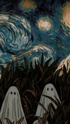 three ghost like figures in the grass under a starry night sky