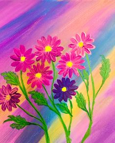 an acrylic painting of pink daisies and green leaves on a purple background