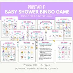 the printable baby shower game is shown with instructions for it to be played on