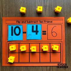 an orange and blue board with yellow cubes on it that says flip and subtract ten frame