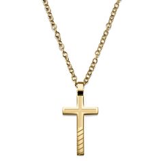 The front of this gold-tone cross is detailed with diagonal lines for a unique take on a traditional cross necklace. Constructed from gold-tone surgical-grade stainless steel, this men’s necklace makes a great gift for the true believer. Use the lobster clasp to secure the chain at any length. Wooden Jewelry Stand, Mens Leather Necklace, Braided Leather Necklace, True Believer, Mens Chain, Diagonal Lines, S Necklace, Steel Cross, Wear Necklaces