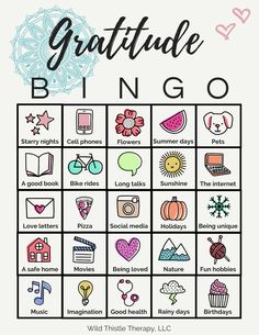 a printable game board with the words,'gratitude bingo '