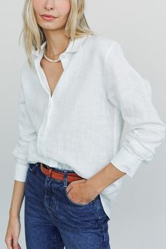 Our loose and relaxed summer staple, The Washed Linen Shirt. Wear with the sleeves pushed up and slouchy for a cool girl fit.    Rochelle Behrens reimagined how shirts should fit and feel. Our patented No Gape® button technology, seamlessly designed into every shirt and shirtdress we design, eliminates blouse gape. Finally say bye bye blouse gape, hello The Shirt.      * 100% Linen    * Made in Portugal    * Powered by our patented No Gape® button technology. White Classic Dress Shirt, Relaxed Fit, White Linen Button-up Shirt, London Summer Outfits, Feminine White Button-up Shirt, Relaxed Fit Linen Button-up Blouse, White Relaxed Fit Button-up Dress Shirt, Kitchen Cottage, Wardrobe Checklist, Say Bye