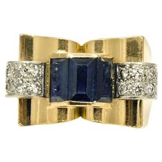 Retro French 18 Karat Yellow Gold Sapphire and Diamond Tank Ring Size 9.5 c.1940s European Cut Diamond Ring, Gents Ring, Vintage Cocktail Ring, Jewelry Board, Retro Ring, White Gold Sapphire, Diamond Cocktail Rings, Citrine Ring, European Cut Diamonds