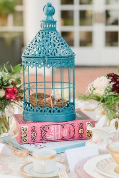 a blue birdcage sitting on top of two books