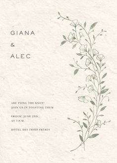 a wedding card with flowers and leaves on the front, in pale green ink that reads giana & alec