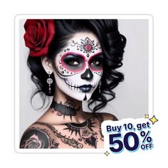 a woman with white makeup and red rose in her hair is featured for the day of the dead sale