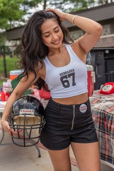 Get ready for gameday with this new FSB exclusive- the Nebraska 67 Crop Top! This white cropped tank is available in size small-large! Model is wearing a size small Sporty Racerback Tank Top For Game Day, Sporty Crop Top For Game Day, Sporty Crop Top For Game Day In Summer, Sporty Sleeveless Crop Top For Sports Events, White Sporty Tank Top For Game Day, Tailgate Outfit, Dad Cards, Small Crop Tops, Baddie Outfits Casual