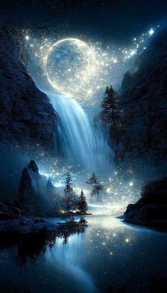 an image of a waterfall with stars in the sky