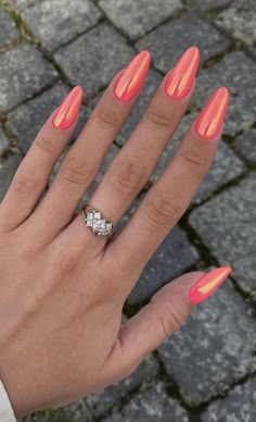 Spring Summer Nails 2024 Trends, Bright Chrome Nails, Summer Chrome Nails 2024, Trends Nails, Inspiration Nails, 2024 Nails, Peach Nails, Chrome Nails Designs, Coral Nails