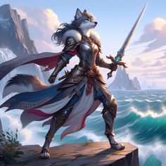 An anthropomorphic female wolf warrior wielding a sword in one hand, near an ocean cliffside, posing dramatically as the wind catches her cloak. Designed for the DnD Humblewood setting. (AI generated) How To Paint Animal Fur, Humanoid Animals Warriors, Animal Warriors Character Design, Dnd Animal Characters, Werecat Female, Ocean Cliffside, Female Wolf, Animal Warrior, Wolf Warrior