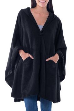 Andean Alpaca Blend Ruana Cape with Hood - Glamorous Night | NOVICA Cape With Hood, Peruvian Textiles, Black Cape, Hooded Cape, Crochet Borders, Jaco, Alpaca Wool, Alpaca, Peru