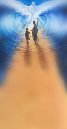 two people walking down a path with an angel above them