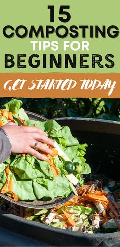 a person scooping up some lettuce into a bin with the words, 15 composting tips for beginners go salad today