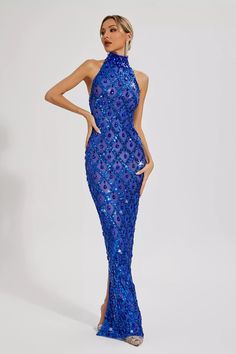 Elevate your evening looks with the exquisite Louise Blue Diamond Maxi Dress. Embellished with sparkling diamond, perfect for formal occasions. This sleeveless, sexy gown showcases sophistication and style. Make a statement in this stunning long dress, crafted for the empowered and confident woman. Dress Length: Approx Blue Maxi Dress For Party During Prom Season, Blue Embellished Mermaid Dress For Evening, Sparkling Backless Evening Dress For Gala, Glamorous Blue Sequin Mermaid Dress, Glamorous Floor-length Sequin Evening Dress, Blue Prom Gown For Party, Blue Gown For Prom Season Party, Blue Party Gown For Prom Season, Rhinestone Evening Dress For Gala Party Season